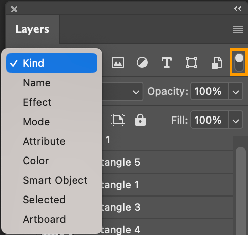 Filter options for the Layers panel